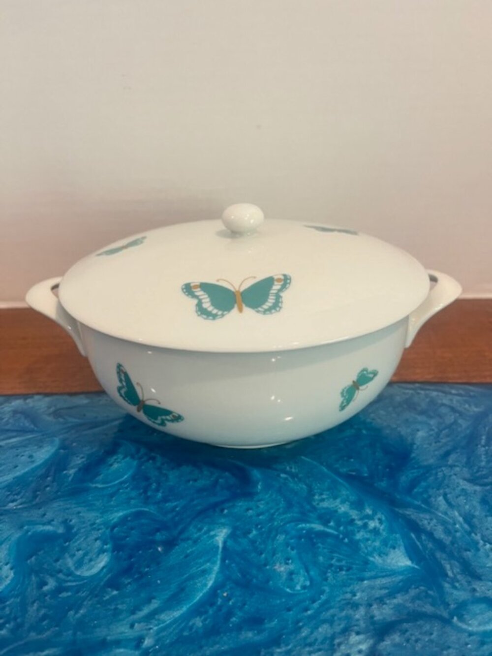 Vintage Jean Luce Blue Butterfly w/ Gold Accents Lidded Covered Serving Bowl